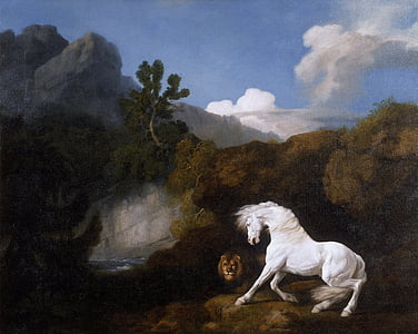 white horse and male lion near body of water thumbnail