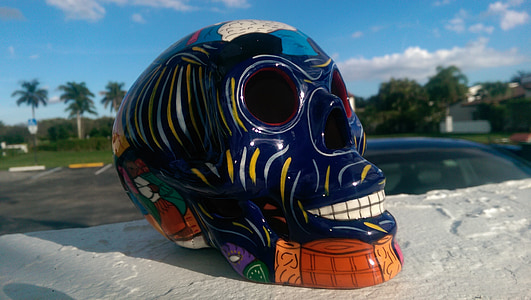 blue and multicolored calavera on white surface thumbnail