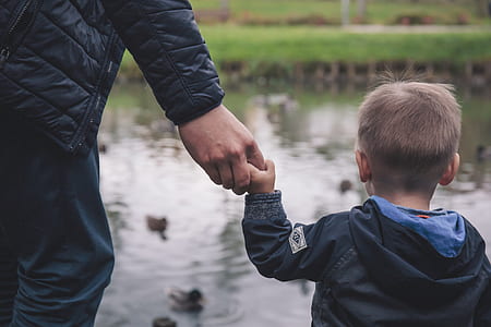 boy and man holding hands together while feeding ducks on river at daytime thumbnail