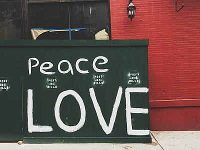 person taking photo of peace love signage leaning on concrete wall during daytime thumbnail