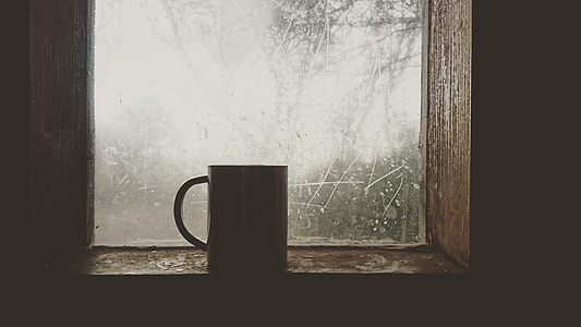 white ceramic mugs near brown wooden glass frame window panel thumbnail