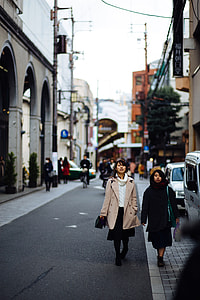 girl in brown notched lapel coat walking on street thumbnail