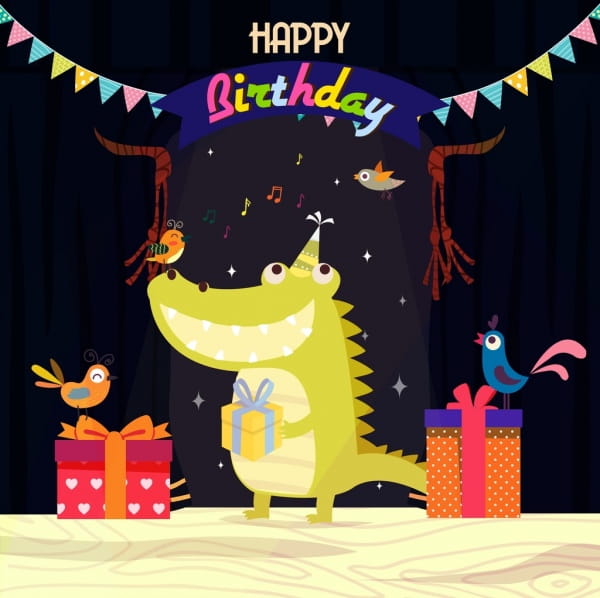 Birthday Banner Crocodile Bird Icons Stylized Cartoon Design Eps