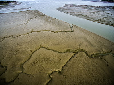 aerial photography of desert near body of water thumbnail