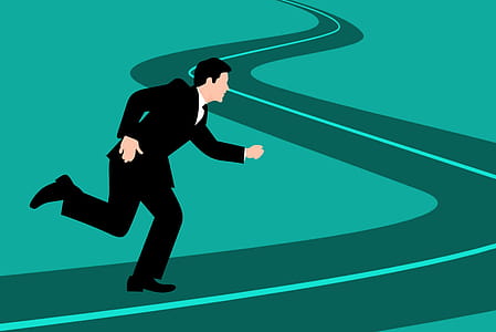 Illustration of businessman on fast track with growing business on winding road thumbnail