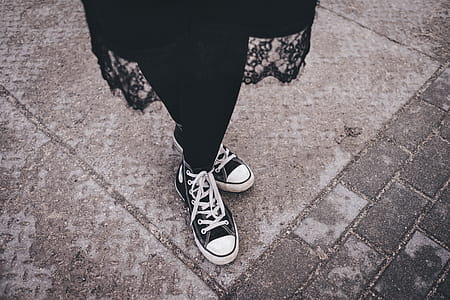 Person's Feet Wearing Black-and-white High-top Sneakers thumbnail