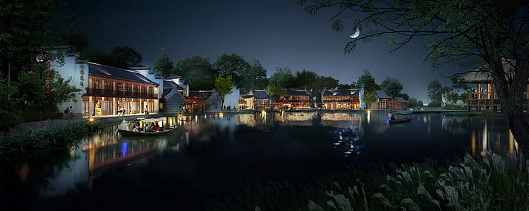 sky, houses, night, water thumbnail