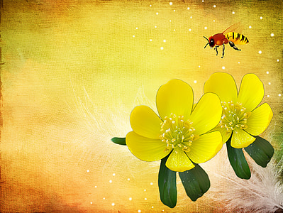 painting of bee flying above yellow flowers thumbnail