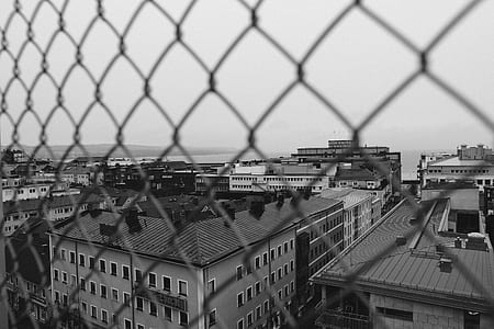 grayscale photo of cyclone fence and houses thumbnail