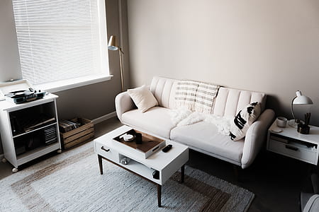 white 2-seat sofa near white wooden table on gray area rug in living room thumbnail