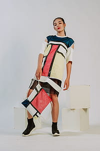 Woman Wearing White-blue-and-red Cold-sleeved Mini Dress and Bag Set thumbnail