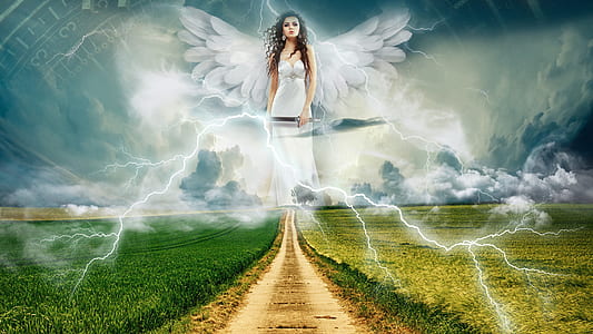 empty street in between of grass field with fairy on sky and lightning illustration thumbnail
