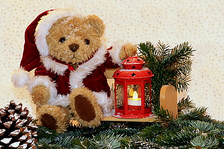 brown teddy bear wearing Christmas suit decor thumbnail