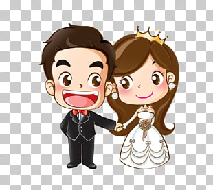 Wedding invitation Cartoon Marriage Drawing, Cartoon bride and groom, bride and groom digital illustration PNG clipart