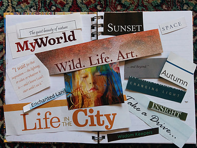 assorted cut paper with quotes pasted on book thumbnail