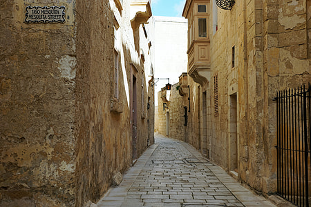 aisle in between brown buildings at daytime thumbnail