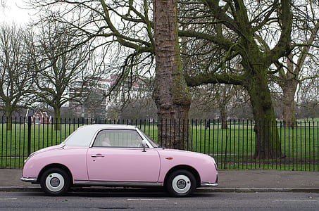 pink and white coupe parked near green bare trees during daytime thumbnail