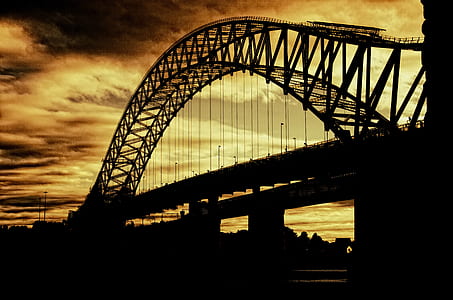 silhouette of metal bridge under yellow sky during twilight thumbnail