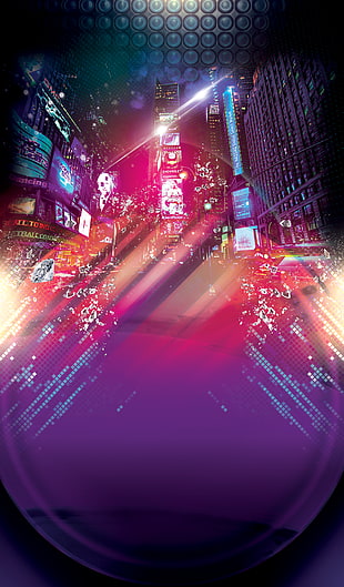 Microphone Poster, Copywriter poster background, pink and blue buildings reflected with lights PNG clipart