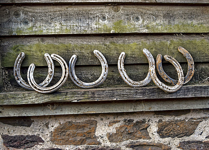 six gray horse shoes leaning on gray wooden wall thumbnail