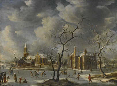 bare tree near buildings and ice pond illustration thumbnail