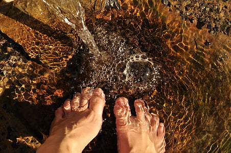 closeup photo of human feet on body of water thumbnail