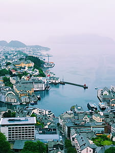 Aerial Photo of Buildings Beside Calm Body of Water thumbnail