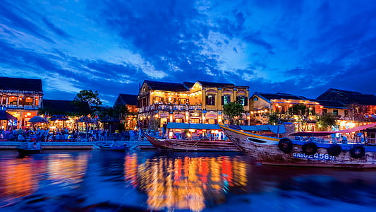lights, night, water, boats thumbnail