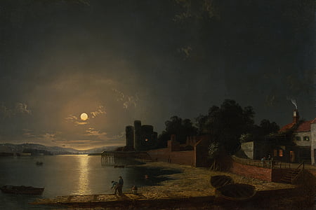 boat in body of water near town painting thumbnail