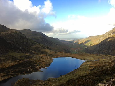 top view of body of water in between mountain under blue sky thumbnail