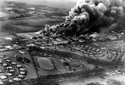 Curtiss P-40s burning at Wheeler, 7 December 1941 after attack on Pearl Harbor, Hawaii thumbnail