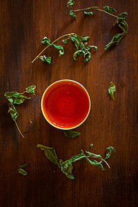 red water on bowl near green plants on brown wooden surface thumbnail