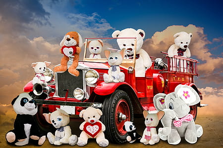 vintage fire engine and assorted plush toys digital wallpaper thumbnail