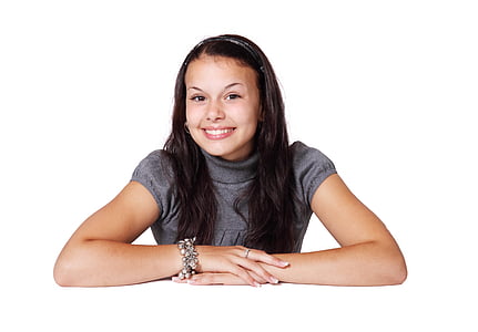 girl wearing gray turtleneck cap-sleeved top thumbnail