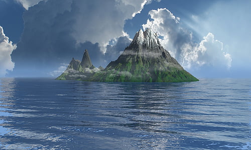 body of water near island under white cloudy sky thumbnail