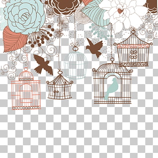 Wedding invitation Birdcage Illustration, Hand-painted retro flowers and birdcage, bird and birdcages illustration PNG clipart