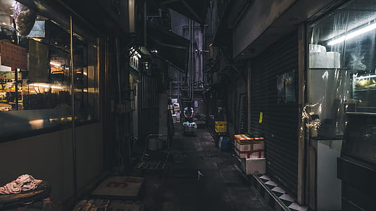 person pushing cart between concrete structure thumbnail
