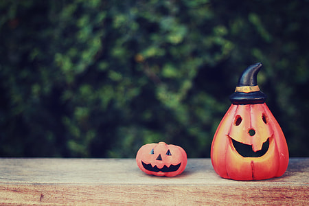 two cut pumpkins decors on brown wooden surface thumbnail