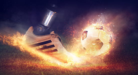 unpaired white Adidas shoe kicking soccer ball thumbnail