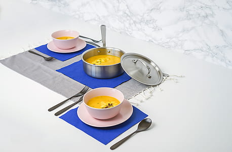 pink ceramic bowl with soup thumbnail