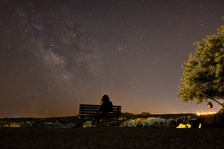 silhouette of a person sitting in the bench watching night sky thumbnail