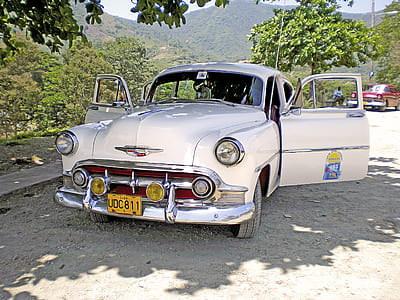 vintage white car under the tree thumbnail