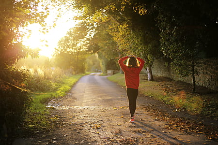 person walking across the street between trees during golden hour thumbnail