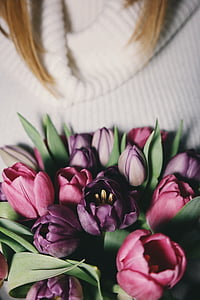 woman holding pink and purple tulips bouquet thumbnail