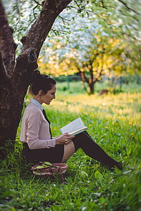 woman sitting on green lawn under green tree while reading book during daytime thumbnail