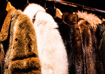 brown and white fur coats hanging on gray clothes rack thumbnail
