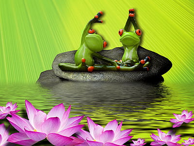 two green frogs on rock thumbnail