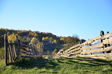 a pathway between wooden farm railings during day time thumbnail