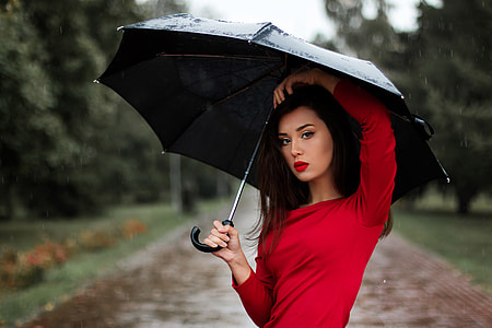 Beautiful Woman in red shirt and Umbrella in the rain thumbnail