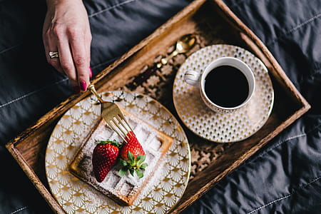 Saffle with strawberries and cup of coffee thumbnail